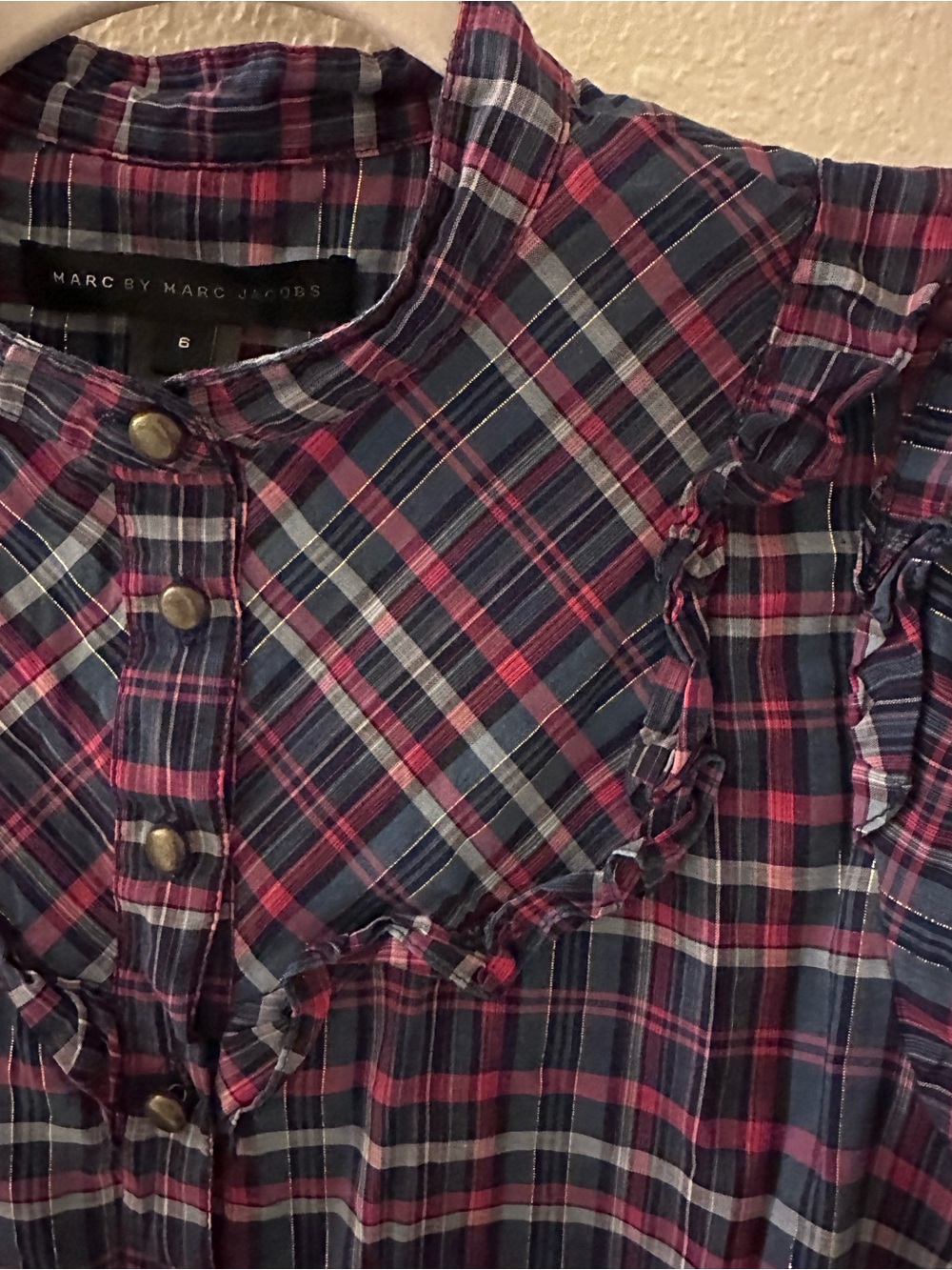 Marc by Marc Jacobs Navy, Pink & Yellow Plaid Ruffle Button-Front Shirt - Picture 6 of 6